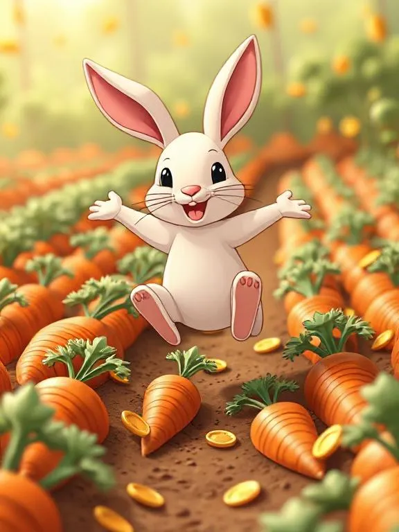 Cartoon rabbit jumping across carrot garden rows in an online casino style with golden coins