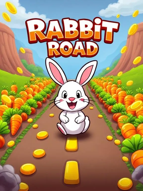 Rabbit Road online slot from the creators of Chicken Road with cartoon rabbit, carrot rows, golden coins and casino theme